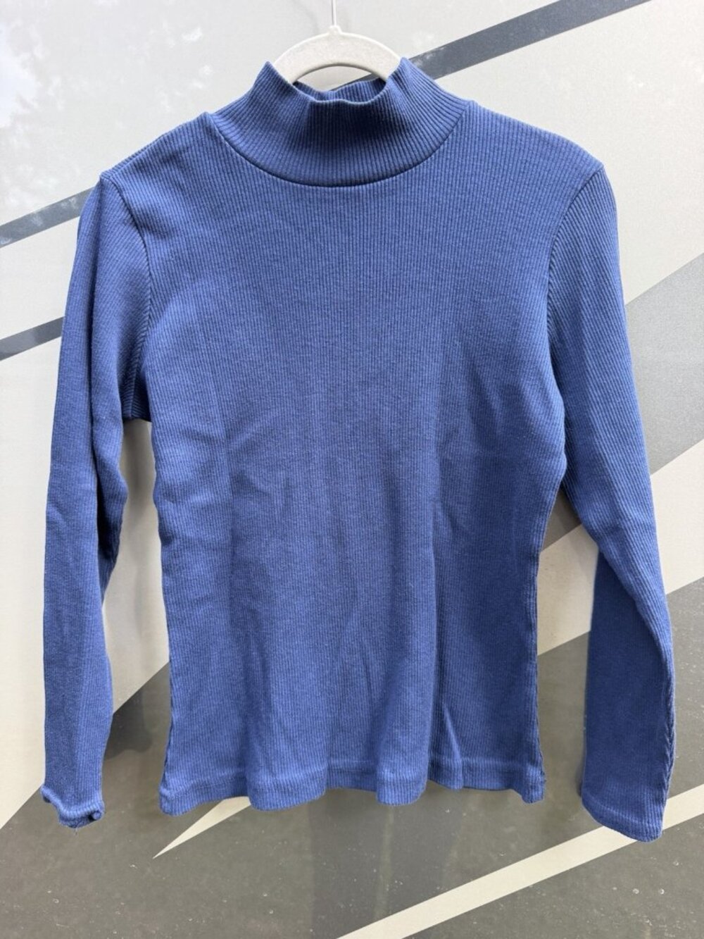 Vintage 80s Bonjour blue ribbed mockneck minimalist classic capsule shirt L